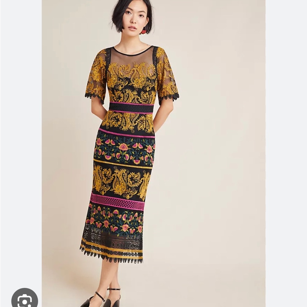 Anthropologie Black & Mustard Floral Lace Midi Dress with Pink Accents